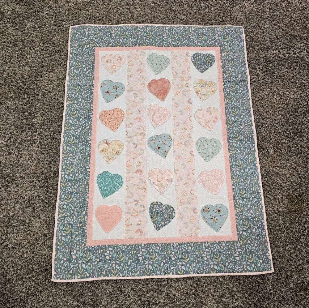 Handmade Baby Crib Quilt Patchwork Heart Print Pastel Colors Cottagecore
